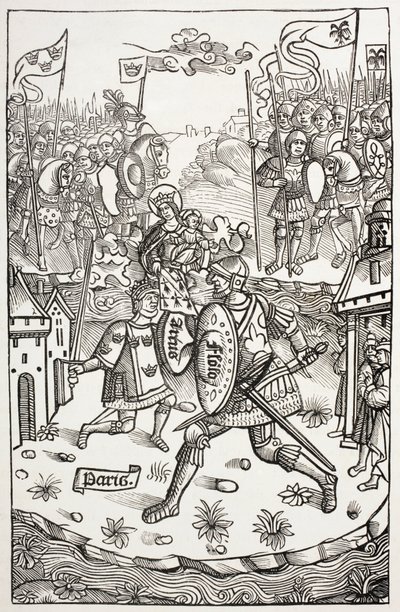 聖母に守られて巨人と戦うアルトゥス王、あるいはアーサー。アラン・ブシャール作『Chroniques De Bretagne』（1514年刊）の木版画による。 作： Paul Lacroix
