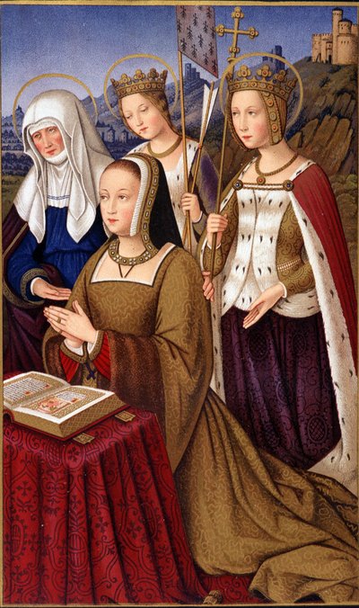フランス王妃アンヌ・ド・ブルターニュ(1477-1514)が守護聖人である聖アンヌ、聖ヘレネ、聖ウルスルと共に祈りを捧げる肖像画(パリ、ポール・ラクロワ作「中世・ルネサンス期の軍隊と宗教生活」より) 作： Paul Lacroix