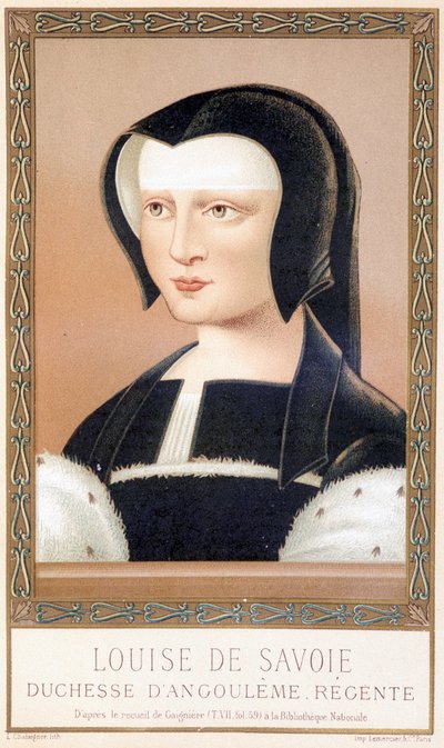 アングレーム公爵夫人でフランスの摂政であったルイーズ・ド・サヴォア（1476-1531）の肖像。ポール・ラクロワの「ルイ12世とアンヌ・ド・ブルターニュ」からのクロモリトグラフ、編集。ジョルジュ・ユルトレル 作： Paul Lacroix