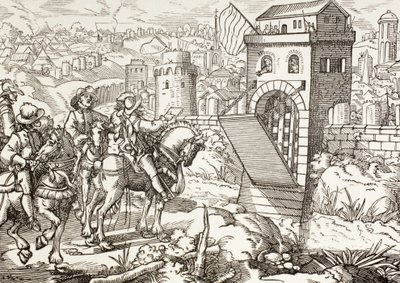 ある町の篭城。包囲軍は町の降伏と開門の条件を読み上げる。 作： Paul Lacroix