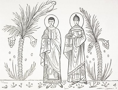 聖セシリアと夫ヴァレリアヌス。ローマの聖チェチーリア教会に保存されている3、4世紀のモザイク画による。 作： Paul Lacroix