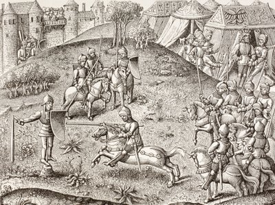 回転する騎士の像。15世紀『シャルルマーニュ年代記』の細密画による。 作： Paul Lacroix
