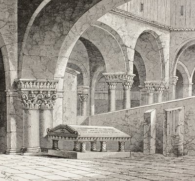 Godfrey De Boullonの墓、1060-1100年、エルサレムの聖墳墓教会にあったもの。墓は現在破壊されている。1828年に現地で描かれた図面による。 作： Paul Lacroix