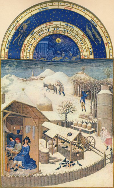 2 月 - 雪の下の村、15 世紀、1939 年。 作： Paul Limbourg