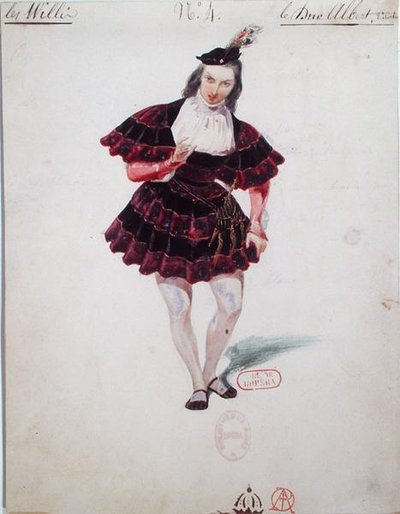アドルフ・アダム（1803-56）の「ジゼル」のアルブレヒト公爵の衣装デザイン 1841年頃（紙に水彩画） 作： Paul Lormier