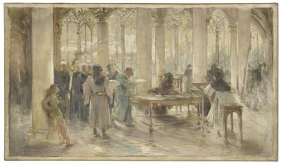 パリ商業裁判所の法廷のスケッチ：1891年頃、鉛筆、油彩、キャンバス 作： Paul Louis Delance
