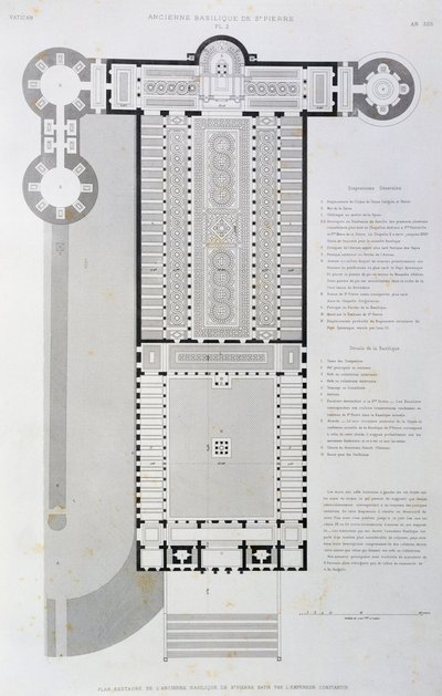 コンスタンティヌス帝が建てた旧バジリカの復元配置図、バチカンとサン・ピエトロ大聖堂の刻印 作： Paul Marie Letarouilly