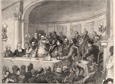 1890年9月21日、22日、23日にパリの地理学会で、ジュール・シモン、エミール・ケラー、モンセーニュール・ラヴィゲリーの出席のもとに開催された反奴隷制議会の様子。1890年の「The Illustrous World」に掲載されたPaul Merwartの絵をもとにしたエングレーヴィング。 作： Paul Merwart