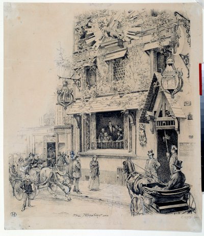 キャバレー・デュ・シャット・ノワールの入り口の様子。ポール・メルワート（1855-1902）によるインク・ドローイング 19世紀 パリ、カルナヴァレ美術館（Musee Carnavalet 作： Paul Merwart