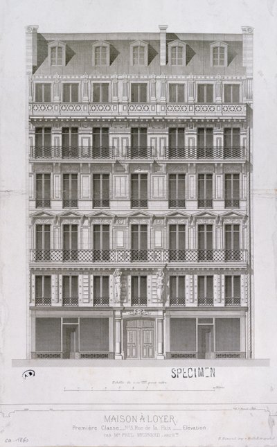 1860年頃、パリのラペ通りにあるオスマンスタイルの干潟のブロックのデザイン 作： Paul Mesnard