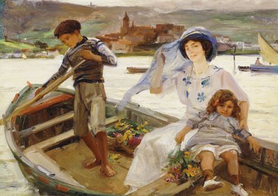 船で川を渡り、その先に町がある母子 作： Paul Michel Dupuy