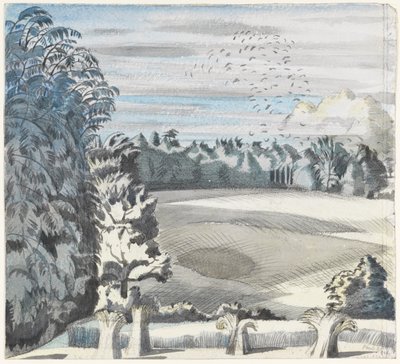 ルークのいる風景、1913-14年頃（紙に黒いチョークと水彩） 作： Paul Nash