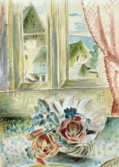 シェルの赤いバラ (紙に鉛筆、チョーク、水彩) 作： Paul Nash