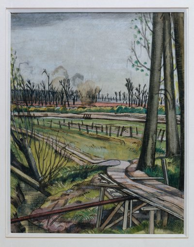 The Ridge, Wytschaete (水彩、ペン、黒インク、カラー チョーク) 作： Paul Nash