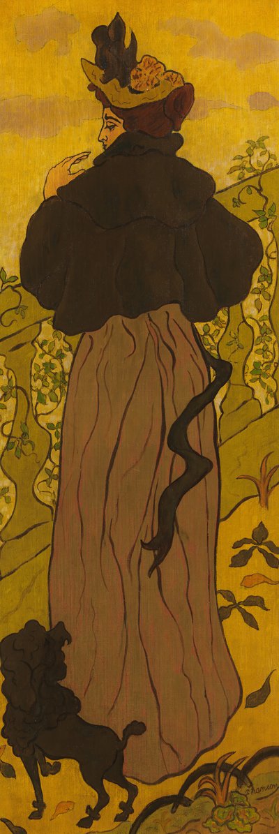 プードルと手すりの横に立っている女性、ca。 1895 作： Paul Elie Ranson