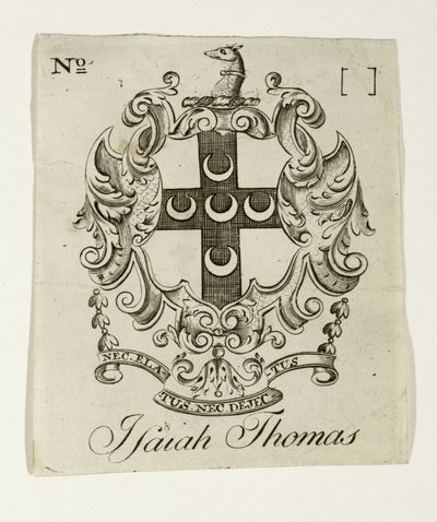 アイザイア・トーマス（1749-1831）の蔵書票、c。 1765-1770（簀の紙への彫刻） 作： Paul Revere