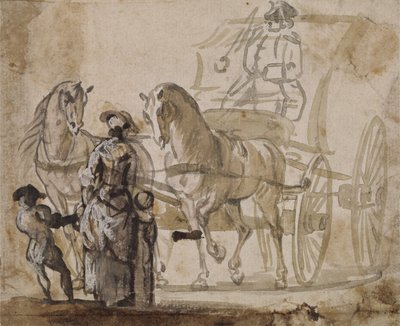 馬車とペア、コーチマン付き（紙に白で強調されたグレーとブラウンのウォッシュ） 作： Paul Sandby