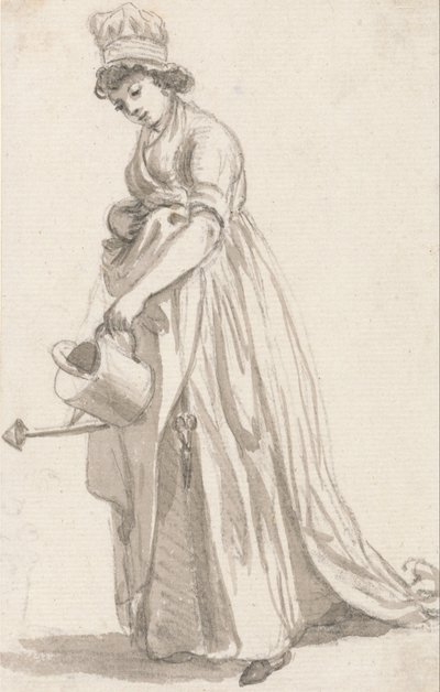 じょうろを持つ少女が左を向いている-サラ・ハフ、TPサンドビー夫人の保育園メイド 作： Paul Sandby