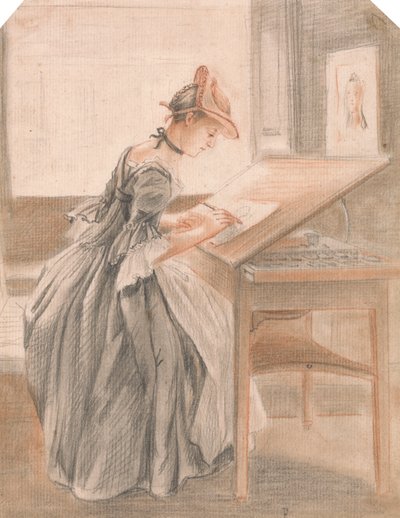 製図台で写経をする女性 作： Paul Sandby