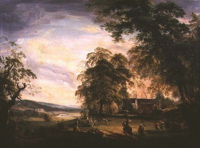 アランデル城の眺めと農家のそばで陽気に過ごす田舎者たち 作： Paul Sandby