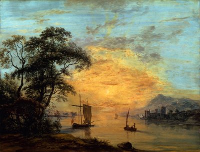 ウェールズの夕暮れの川の風景。 作： ポール・サンドビー