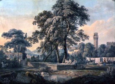 水洗式プールのそばに女性がいるイタリア風風景画 作： Paul Sandby