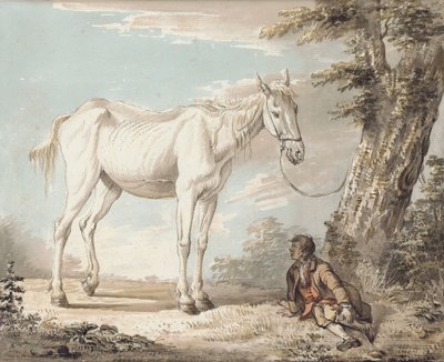 木につながれた古い灰色の馬、近くで休んでいる少年 作： Paul Sandby