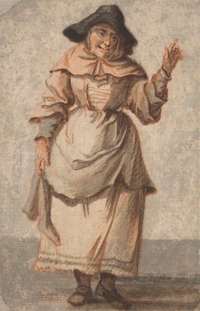 ニヤリと左手で身振りをする古い市場の女性 作： Paul Sandby