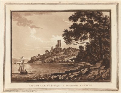 ベントン城、ミルフォード ヘブンへの道を見下ろす 作： Paul Sandby