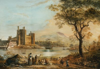 フォアグラウンドにハーパーがいるカーナーボン城 作： Paul Sandby
