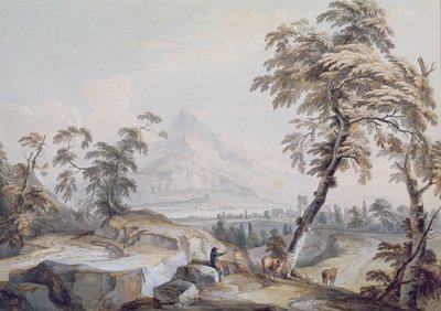 旅行者とのイタリア風の風景、no.1（紙にw - c） 作： Paul Sandby