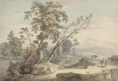 旅行者とのイタリア風の風景no.2、c.1760（水彩、ペン、グラファイト上の灰色のインク） 作： Paul Sandby