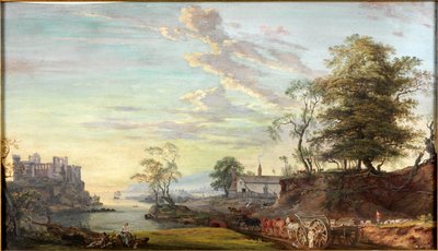 湾の城のある風景、1769-1795年頃（水彩とガッシュ） 作： Paul Sandby