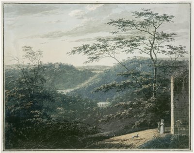 滝と寺院のある風景 作： ポール・サンドビー