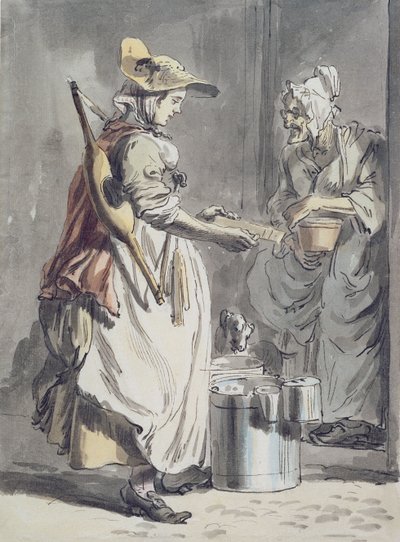 London Cries：A Milkmaid、c.1759（ペンとインクのブラシ、紙に水彩とグラファイト） 作： Paul Sandby