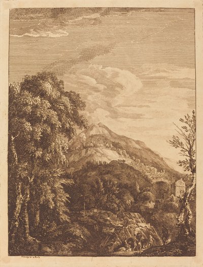 滝、円塔、城、バンディッティのある山岳風景 作： Paul Sandby