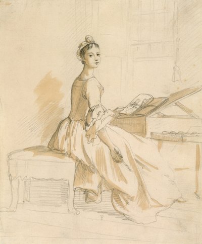 製図台での女性の肖像（紙にグラファイトと茶色のウォッシュ） 作： Paul Sandby