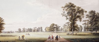 ルートンの公園のアベニューにいるライダー、フェートンのフィギュアと左側に素朴な人々 作： Paul Sandby