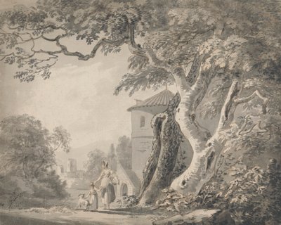 人物と犬のロマンティックな風景 作： Paul Sandby