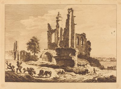 廃墟の修道院、牛と木を切る男 作： Paul Sandby