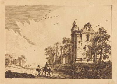 廃墟の修道院と旅行者の路上 作： Paul Sandby