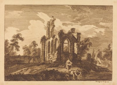2 人の女性が川で洗濯をしている廃墟 作： Paul Sandby