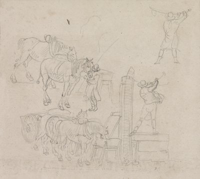 彼の馬のために水を汲み上げるカーターの研究（紙に鉛筆） 作： Paul Sandby
