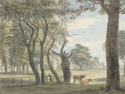 火薬庫、ハイドパーク、1790年頃（水彩、ペンとインク、紙の上のグラファイト上のクレヨン） 作： Paul Sandby