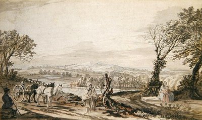 渓谷の上の道で休む旅人たち（紙に鉛筆、ペン＆インク、インクウォッシュ、水彩画） 作： Paul Sandby