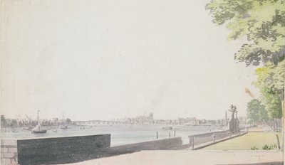 サマセットハウスガーデンからの眺め、ウェストミンスター橋、1756に向かって 作： Paul Sandby