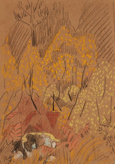 黒と白の岩のある秋の風景、アヴェン橋 (茶色の紙にパステル) 作： Paul Sérusier