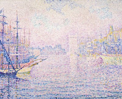 マルセイユ港、朝の霧、1906 作： Paul Signac