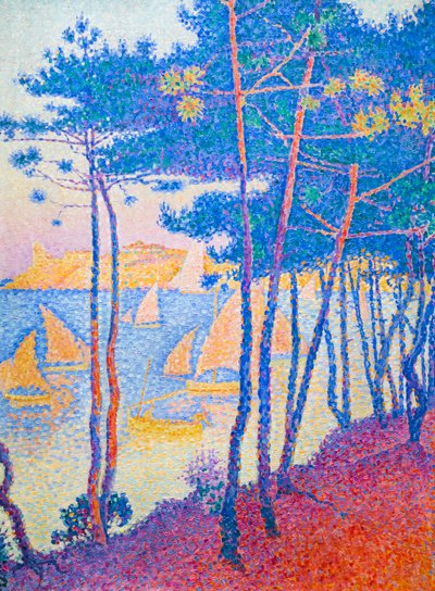 帆船と松の木、c。 1896年（キャンバスに油彩） 作： Paul Signac