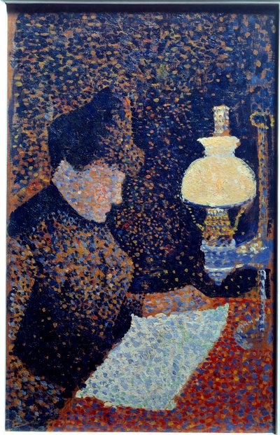 ランプの下の女性。点描画。ポール・シニャックの絵画 作： Paul Signac